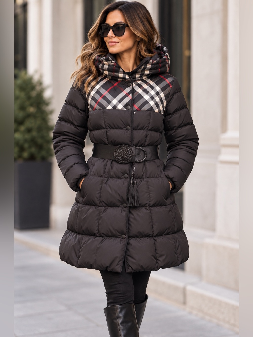 Simon Chang Duck Down Black Plaid Coat size medium